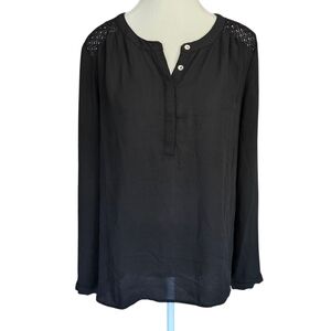 DR2 Black Women's Crochet Detail Sheer Long Sleeve Blouse Size Medium